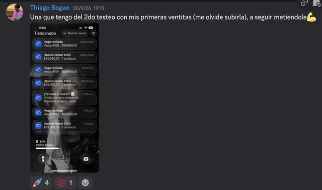 Captura de Discord: Thiago Bogao · primeras ventas del segundo testeo