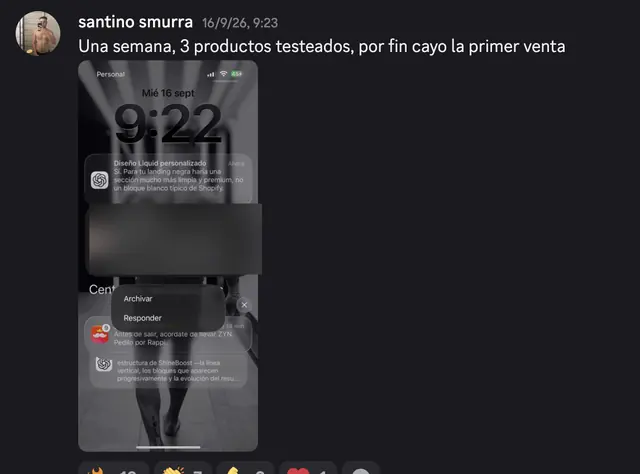 Captura de Discord: Santino Smurra · Una semana, 3 productos testeados, por fin cayó la primer venta