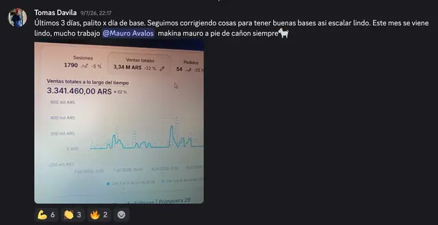Captura de Discord: Tomás Dávila · Seguimos corrigiendo cosas para escalar