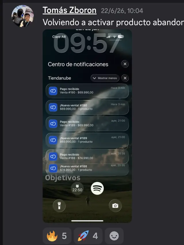 Captura de Discord: Tomás Zboron · Volviendo a activar producto