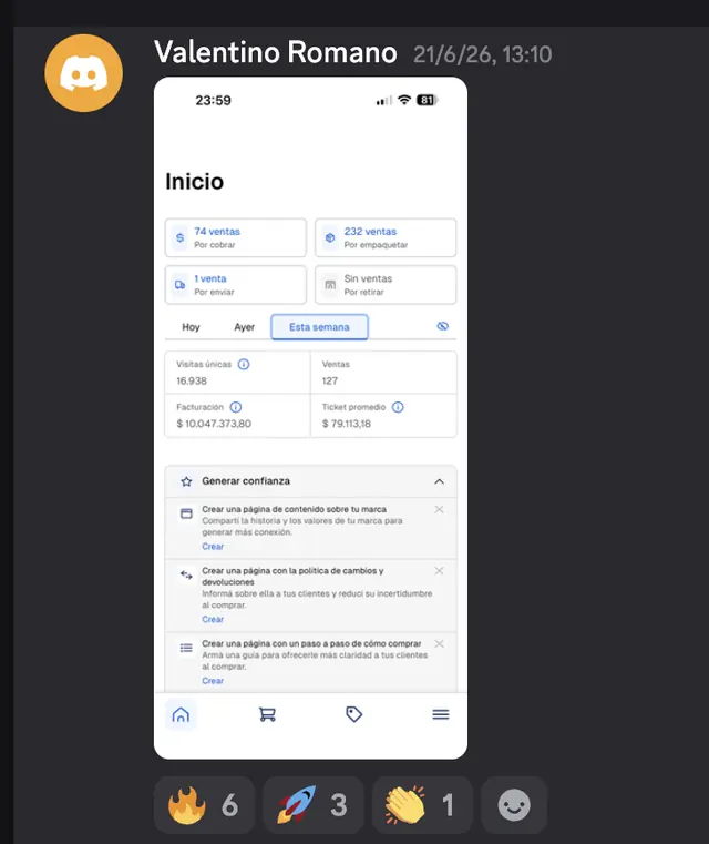 Captura de Discord: Valentino Romano · 127 ventas en la semana