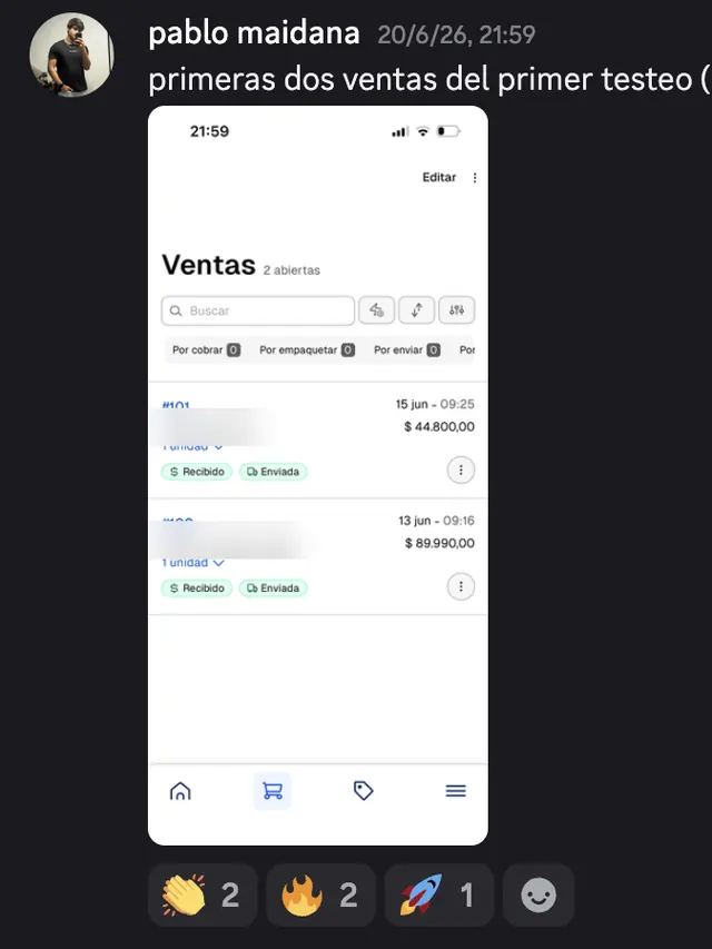 Captura de Discord: Pablo Maidana · Primeras dos ventas del primer testeo