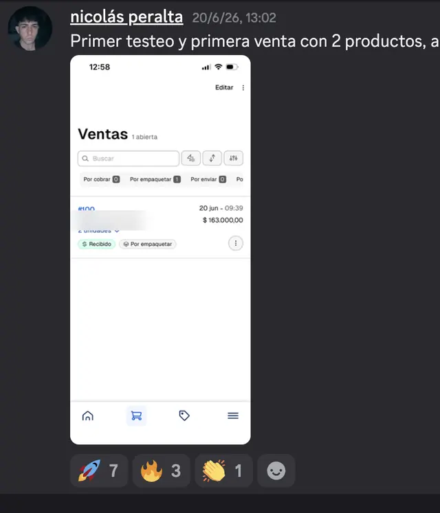 Captura de Discord: Nicolás Peralta · Primer testeo y primera venta