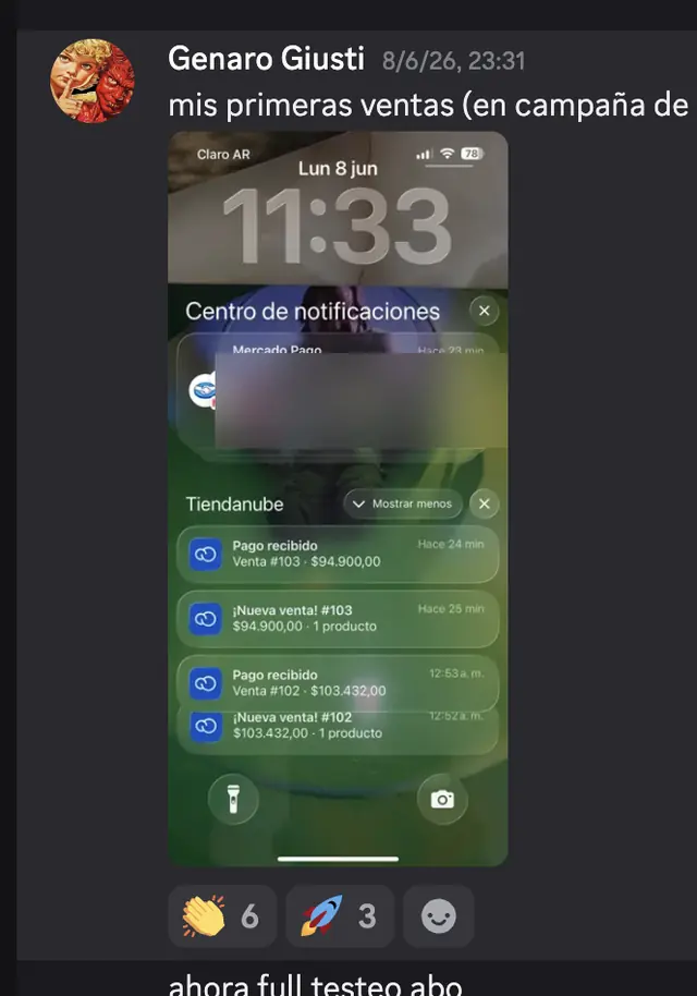 Captura de Discord: Genaro Giusti · Mis primeras ventas