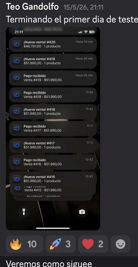 Captura de Discord: Teo Gandolfo · Terminando el primer día de testeo