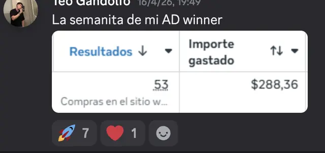 Captura de Discord: Teo Gandolfo · 53 compras en una semana. con un solo anuncio